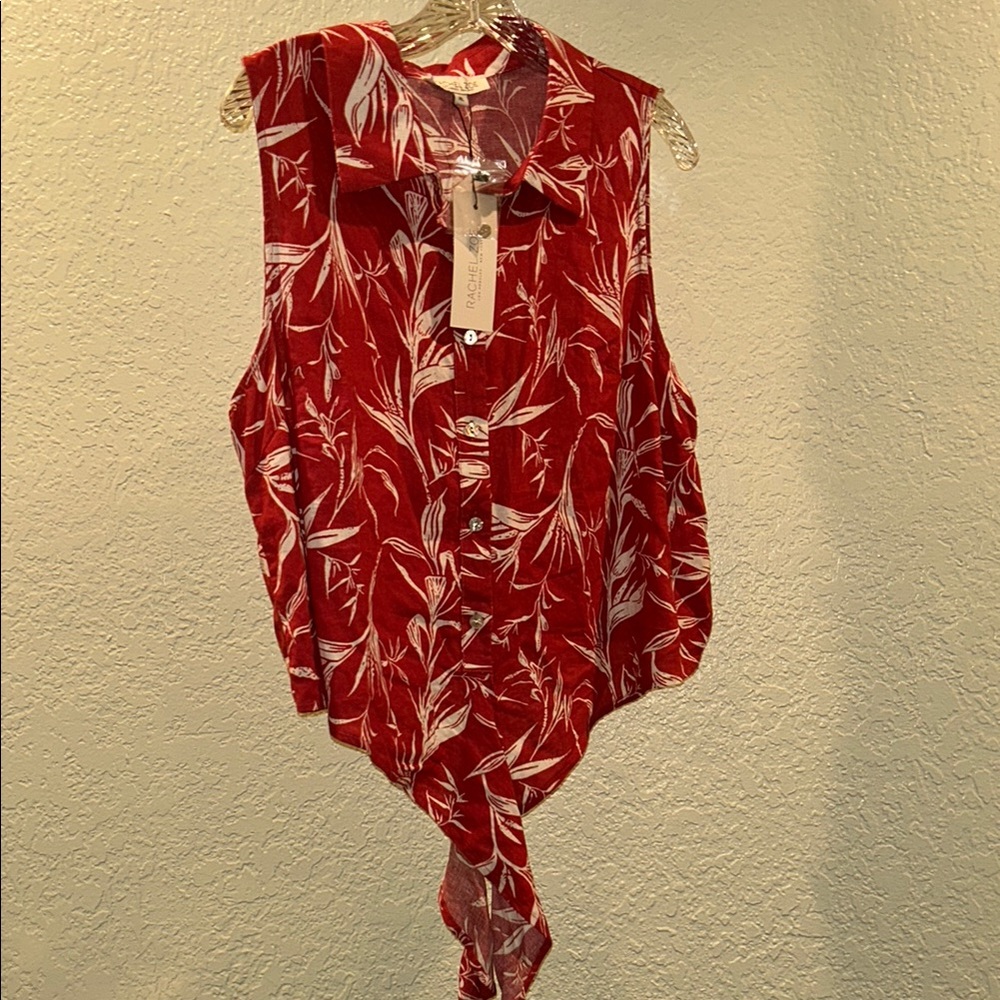 Rachel Zoe Red Asymmetrical Tie Front Button Down Shirt